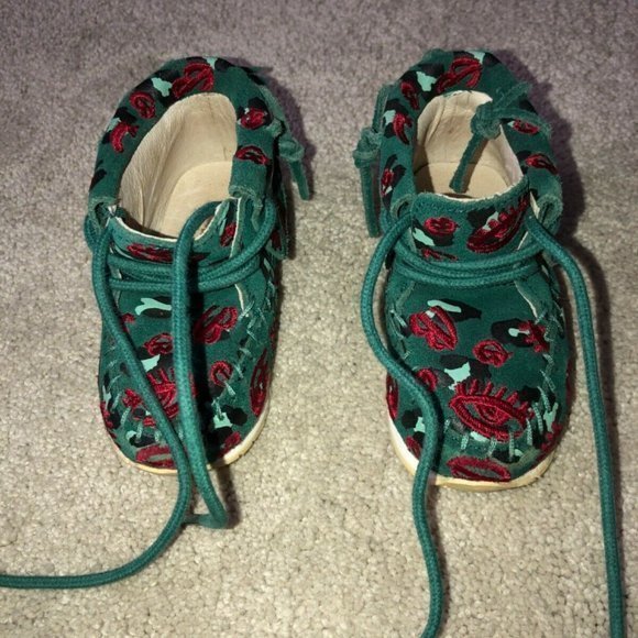 Akid Stone Leopard Leather‎ Shoes Size 4C Unisex Toddlers Girls Green Red - Picture 7 of 10